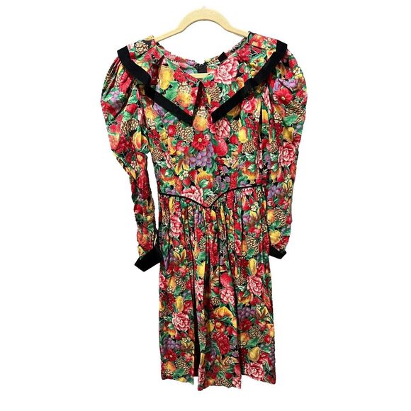 Picture Me Dresses & Skirts - Vtg Picture Me Womens Multicolor Fruit Floral Lace Collar Dress M/L Long Sleeve